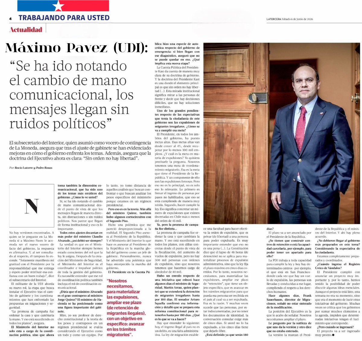 SubseInterior's tweet photo. EN LA PRENSA 🗞️| “Sin orden no hay libertad”. En entrevista con @latercera, el subsecretario Máximo Pavez destacó que el ajuste de gabinete optimizó la respuesta del Ejecutivo ante los desafíos del país. Además, abordó la gestión del Gobierno en migraciones y el proyecto del Registro de Vándalos.

Lee la entrevista completa en https://t.co/rXIpRkl9gw