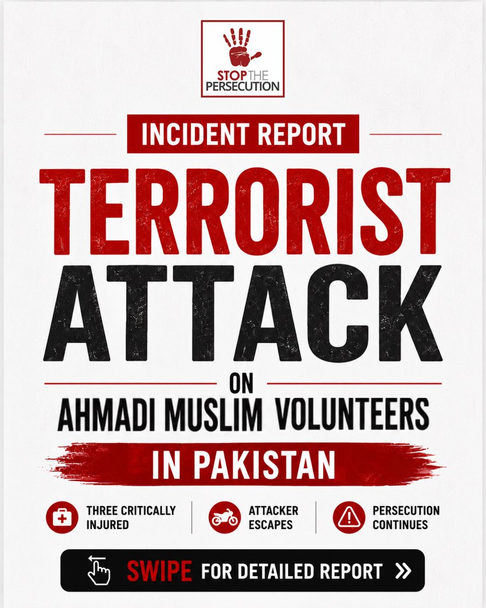 ST_Persecution's tweet photo. 🚨 INCIDENT REPORT: Three #Ahmadi Muslim volunteers were critically injured in a terrorist attack in Rabwah, Pakistan.

#Stopthepersecution https://t.co/esqEQOTUZJ