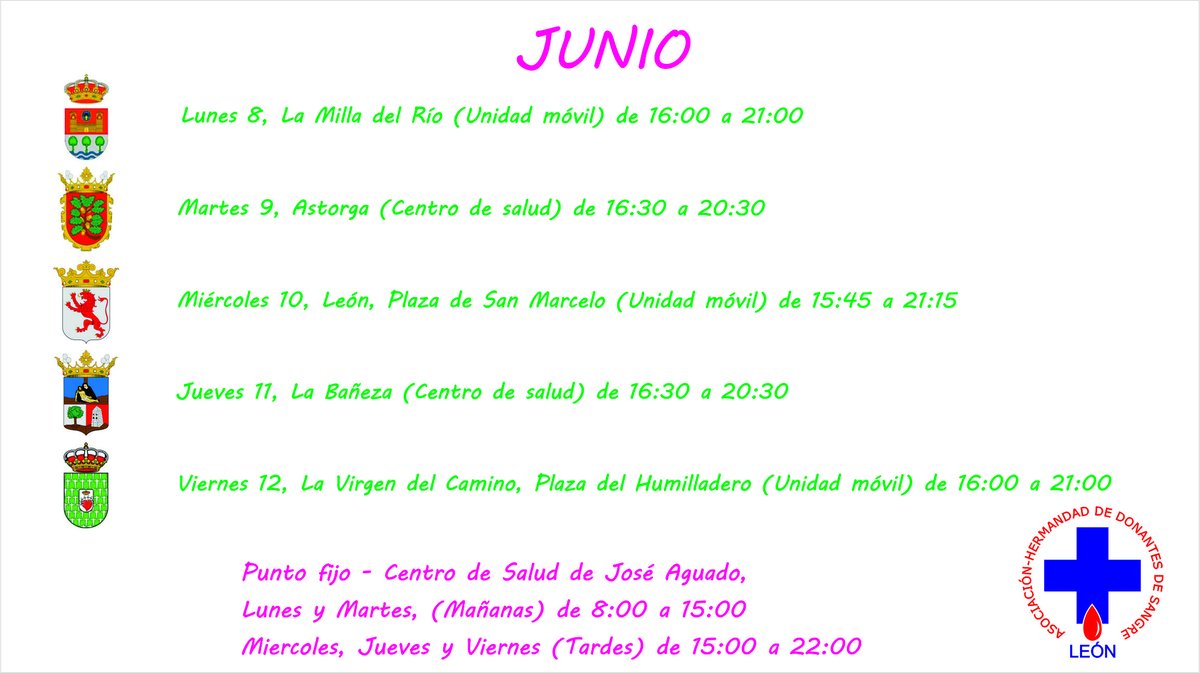 donantesdeleon's tweet photo. Esta semana puedes donar sangre en La Milla del Río, Astorga, Plaza de San Marcelo en #LeonEsp, La Bañeza y en La Virgen del Camino. ¡No faltes! https://t.co/D1zWNeDbTs