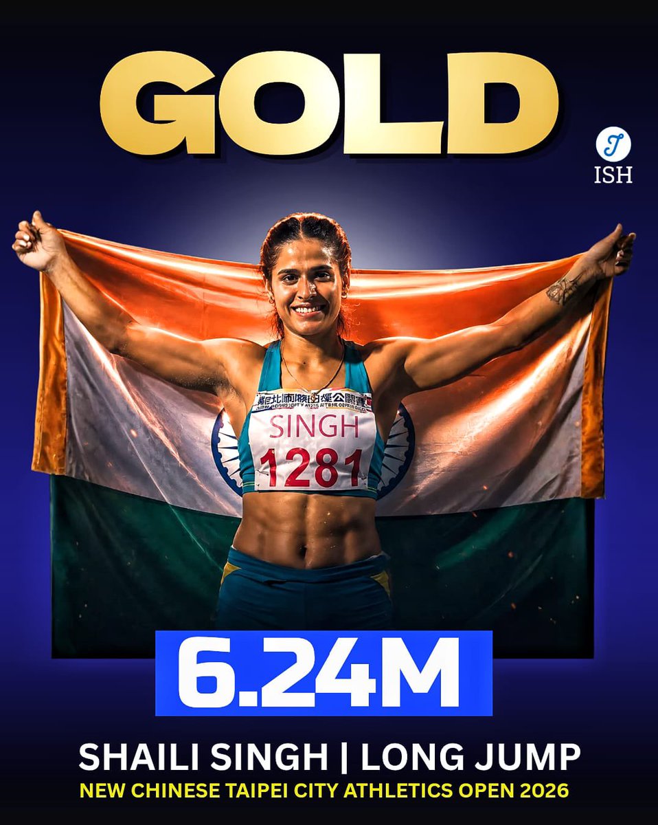 IndiaSportsHub's tweet photo. 🥇 GOLD FOR SHAILI SINGH! 🇮🇳
Shaili Singh jumps to 6.24m to grab the Women’s Long Jump Gold Medal at the New Chinese Taipei City Athletics Open 2026.
🥇 Gold Medal
📏 6.24m
📍 Chinese Taipei
#ShailiSingh #LongJump #IndianAthletics #Athletics #GoldMedal #TeamIndia #IndiaSportsHub