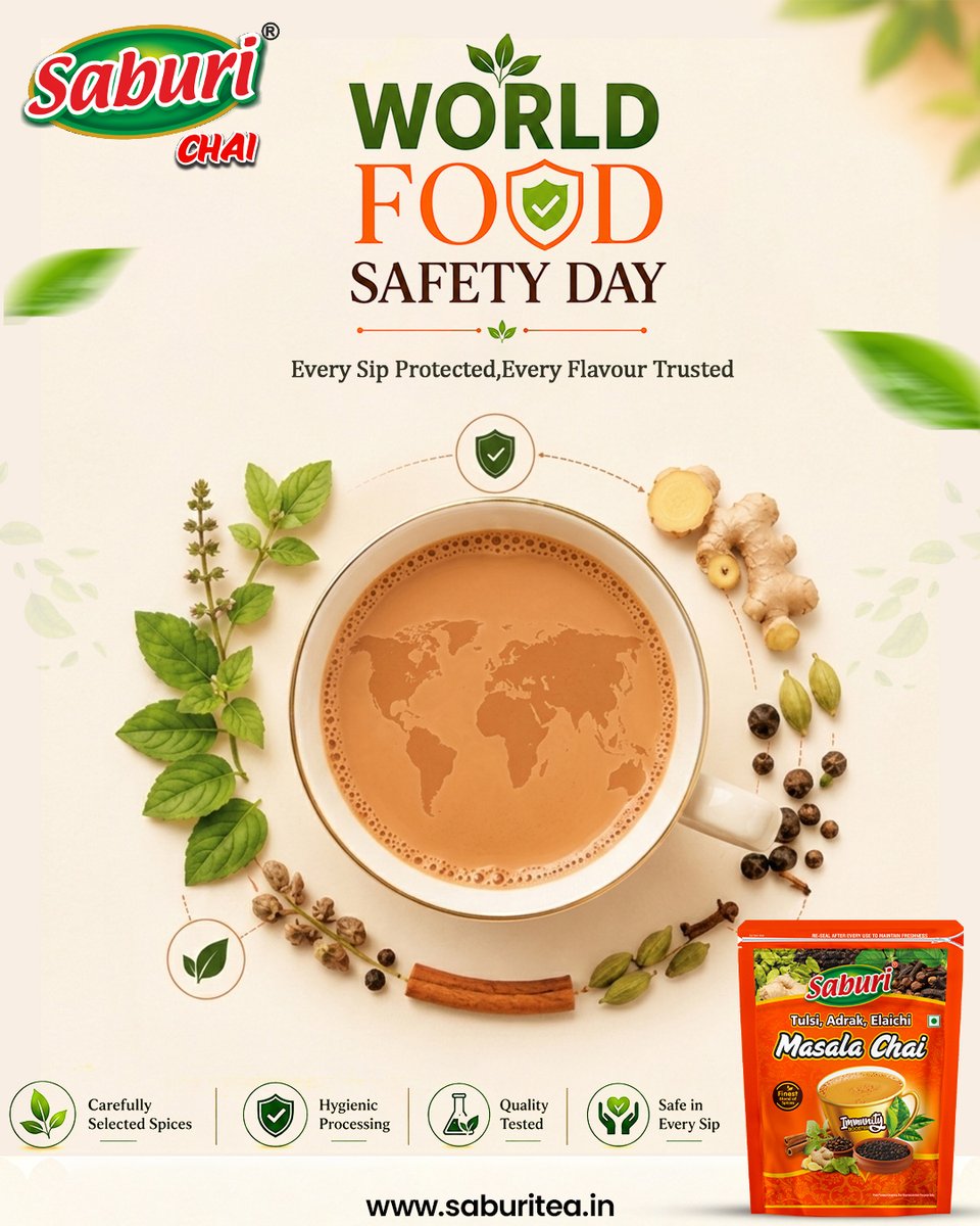 SaburiTea's tweet photo. Safe in every sip, trusted in every home. ☕👌

On World Food Safety Day, Saburi Chai stands committed to global standards of purity &amp; health. Our premium Masala Chai is packed under strict quality-tested protocols so that every cup delivers natural immunity &amp; pristine cleanlines https://t.co/646GE3mKZh