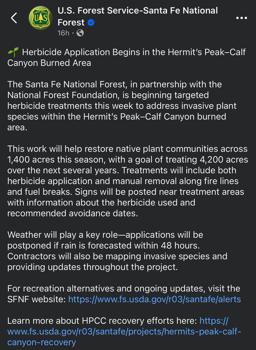 Designed2Think's tweet photo. Good morning New Mexico. 
The USFS is spraying the Hermits Peak & Calf Canyon burn scar (remember how the largest fire in the history of our state started……a controlled burn by forest service) with herbicides to combat invasive plant species. 
No of course they do not disclose what that herbicide is but we already know. 🤨
The decision makers are inept and wouldn’t know good information if they were submerged in it.