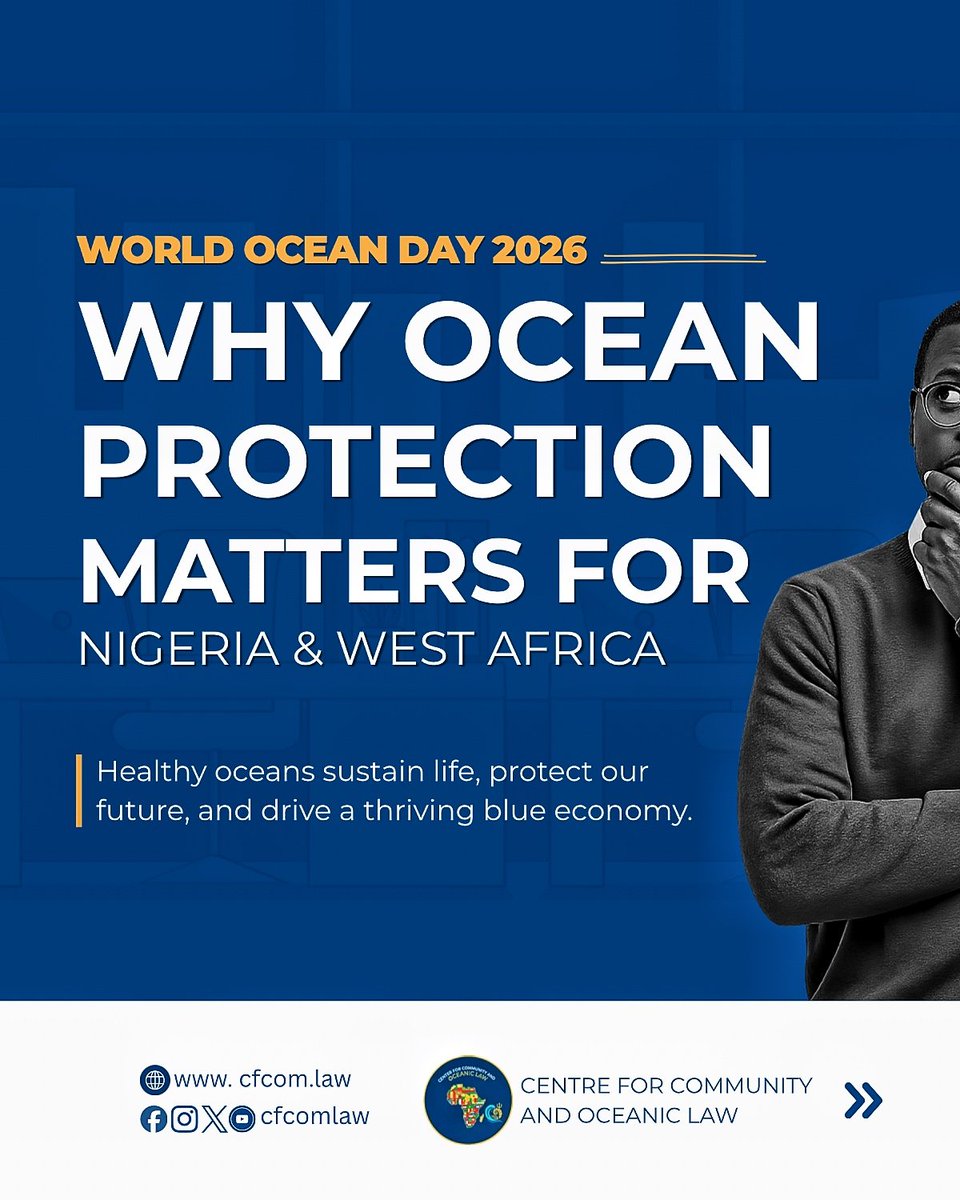 cfcomlaw's tweet photo. The ocean sustains life, supports livelihoods, and connects communities across Nigeria and West Africa.

As we mark World Ocean Day 2026, we reflect on the importance of protecting our marine environment from pollution, illegal fishing, and other growing threats. Strong ocean laws and collective action are essential to safeguarding our coasts, economies, and future generations.

🌍 Protect the Ocean. Protect Our Future.

#WorldOceanDay2026