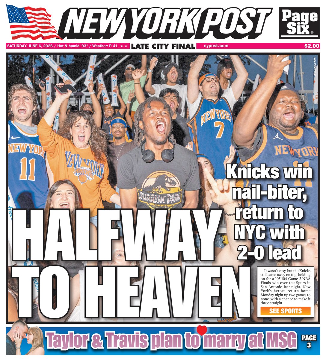 nypost's tweet photo. Today’s cover: Knicks fans go bonkers in NYC after Game 2 Finals win, celebrate in streets outside MSG: ‘Go New York!’  https://t.co/wZpunqaMkE https://t.co/GuCAsOTKyV