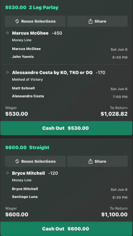 GrindingEddie's tweet photo. Sat Jun 6

#UFCVegas118:

Bryce Mitchell -120
Edgar Chairez +104
Belal Muhammad -105
Chelsea Chandler -124
Marcus McGhee/Alessandro Costa via KO/TKO -106 https://t.co/VpczKHLyeF