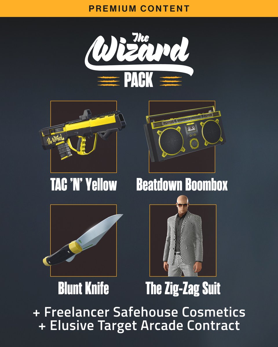 Hitman's tweet photo. The Wizard Pack is features new equipment that makes your arsenal really stand out.

TAC N' Yellow 💣

Beatdown Boombox 📻

Blunt Knife 🗡️

The Zig-Zag Suit 🧑‍🎤

https://t.co/ZYOKK9LAnk

#HITMAN #Agent47 https://t.co/gMm58a9hTS