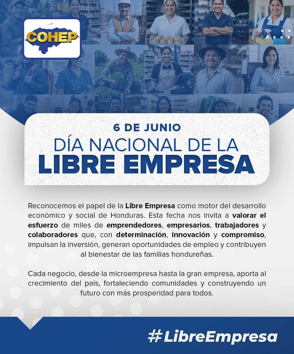 COHEPHonduras's tweet photo. 1/2 El Consejo Hondureño de la Empresa Privada conmemora el Día Nacional de la Libre Empresa, reconociendo el esfuerzo y la determinación de miles de emprendedores, empresarios, trabajadores y colaboradores que impulsan el desarrollo de la nación. Esta fecha invita a valorar la iniciativa privada como la fuerza transformadora que edifica comunidades más prósperas. 🤝

A través del fomento a la inversión y el estímulo constante a la innovación, se contribuye de manera directa al bienestar y estabilidad de las familias hondureñas. 🏢

#LibreEmpresa #SomosHonduras #ProgresoYDesarrollo