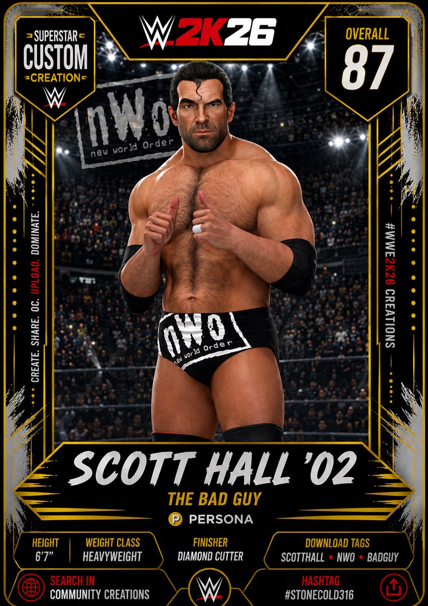John_Berns's tweet photo. 🚨 HEY YO. 🚨

Scott Hall ’02 is now available to download, featuring updated face detail, alt 1998 lone wolf attire, custom textures, and the swagger that made him one of the coolest stars in wrestling history.

“Survey says… one more for the good guys.” https://t.co/KxnRDohZqM
