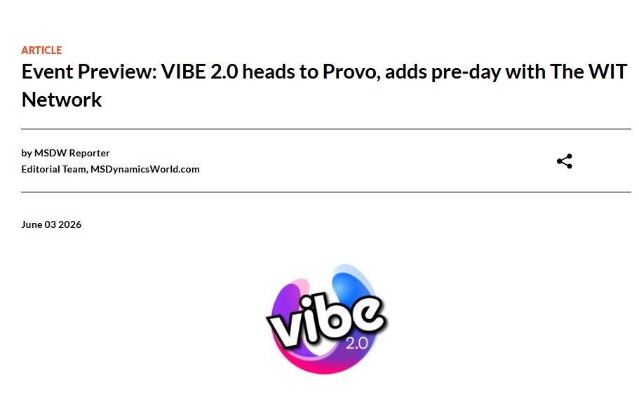 msdynamicsworld's tweet photo. Event Preview: VIBE 2.0 heads to Provo, adds pre-day with The WIT Network. https://t.co/3w9WtC7v2z https://t.co/VSlvernxFW