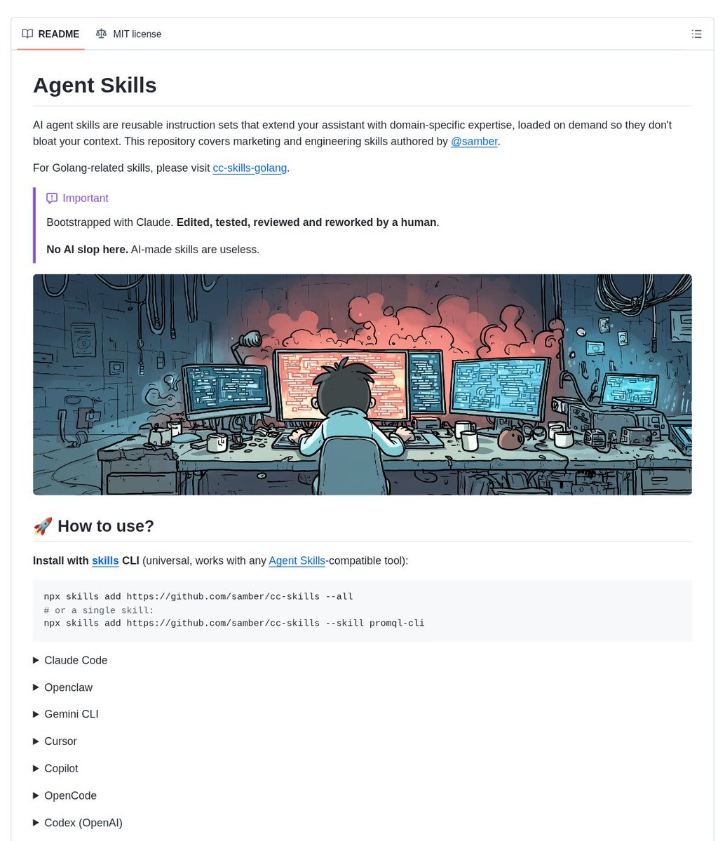 DanKornas's tweet photo. Your coding agent doesn’t need more context. It needs better skills.

Agent Skills is a collection of reusable instruction sets for AI coding assistants, covering engineering, developer relations, marketing/content, productivity, and meta workflows.

It helps you add domain-specific behavior without dumping every guideline into the prompt by keeping skills small, modular, and loaded on demand.

Key features:

• Cross-client setup – install through the skills CLI or follow notes for Claude Code, Gemini CLI, Cursor, Copilot, OpenCode, Codex, and Antigravity
• Atomic skill design – skills can reference conventions from other skills, so related guidance stays consistent
• Progressive disclosure – small SKILL.md entry points link to deeper markdown files only when needed
• Practical skill catalog – includes conventional-git, PromQL CLI, Chrome extension, CRXJS, LinkedIn/Substack writing, technical articles, and more
• Evaluation notes included – README links to EVALUATIONS.md and shows skill-vs-baseline results

It’s open-source (MIT license).

Link in the reply 👇