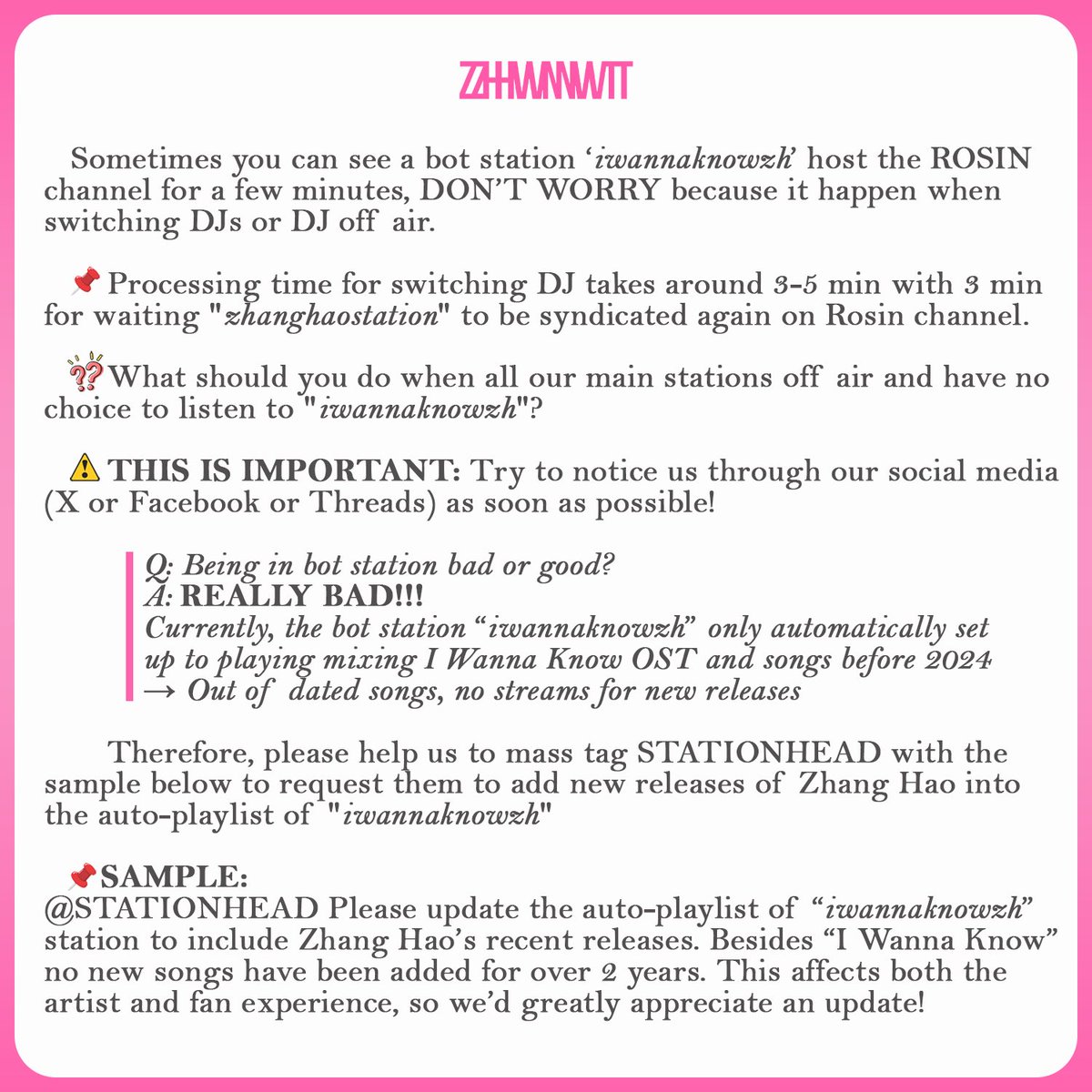 ZHVNVOTINGTEAM's tweet photo. [ANNOUNCEMENT]

Hi everyone, this is ZHVNVT.

Regarding the “iwannaknowzh” bot station and the on/off-air issue, please read our explanation below and help us with a mass-tagging to request STATIONHEAD to update the playlist for "iwannaknowzh" station 🙇🏻‍♀️

#ZHANGHAO
#장하오 https://t.co/qYDNUKNhbF
