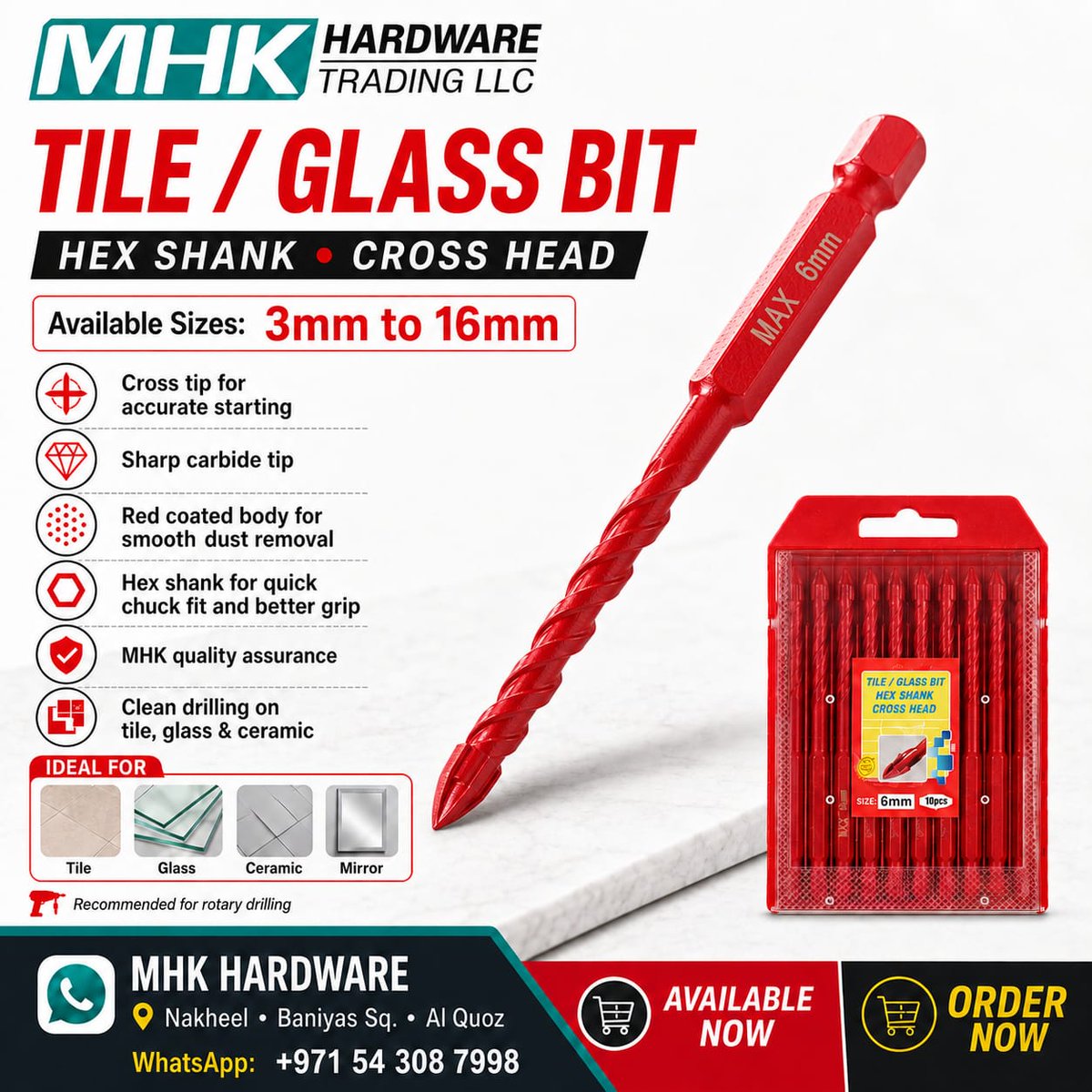 mhkhardware's tweet photo. 🎯 Precise drilling starts here!

MAX Tile / Glass Bit – Hex Shank Cross Head✅ Sharp carbide tip

✅ Accurate starting
✅ Better grip with hex shank
✅ Clean drilling on tile, glass & ceramic
✅ Sizes: 3mm–16mm

📲 +971 54 308 7998

#MHKHardware #MAXTools #TileGlassBit #GlassDrillBit #UAEHardware #ConstructionTools #DubaiTools #ContractorLife #TileDrilling #ProfessionalTools