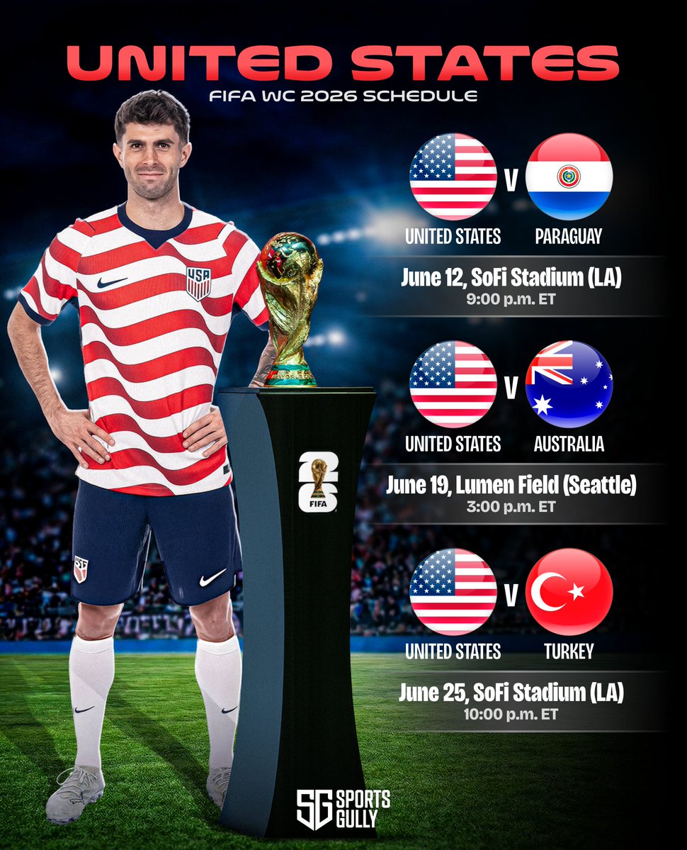 thesportsgully's tweet photo. USMNT schedule (Group D) for FIFA World Cup 2026 🏆

#FIFAWC https://t.co/6dYmBylvxc