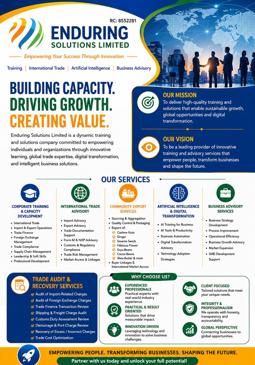 LemuelDon's tweet photo. Enduring Solutions Limited provides practical solutions through:
🌍 International Trade
🤖 Artificial Intelligence
🎓 Corporate Training
📈 Business Advisory
🚢 Commodity Export
🔍 Trade Audit &amp; Recovery
Building Capacity. Driving Growth. Creating Value. https://t.co/B9TLfTNUSK