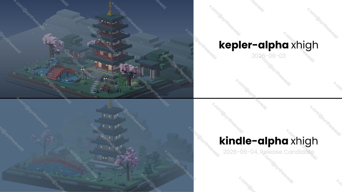 synthwavedd's tweet photo. 2 new checkpoints of GPT-5.6 were being tested this week at OpenAI, added within a day of each other - kepler and kindle. OpenAI have selected kindle-alpha as their release candidate, sources tell me.

I ran the same prompt on both models, on xhigh, to let you compare yourselves. But on average, in my experience, kindle is a regression vs kepler, although they sometimes produce only variance-expected differences.

I expect 5.6 to launch later this month, so it's still possible they continue refining and drop kindle as RC, given in its current form it would be handily beaten by Mythos.