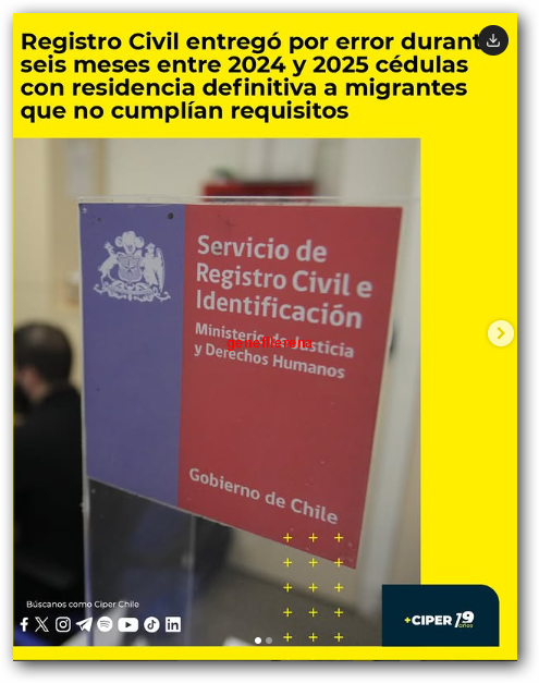 gene_llerena's tweet photo. ¿"Error" del @RegCivil_Chile la entrega de +15 mil cédulas definitivas a extranjeros, estando el "coyote" THAYER en funciones, en serio?
cuantos extranjeros trabajan en éste?
corrió billete?
fue una orden del "Robierno"?
Todavía duda UDI/RN/etc en efectuar las AC contra éstos? https://t.co/PqmiZMNUt5