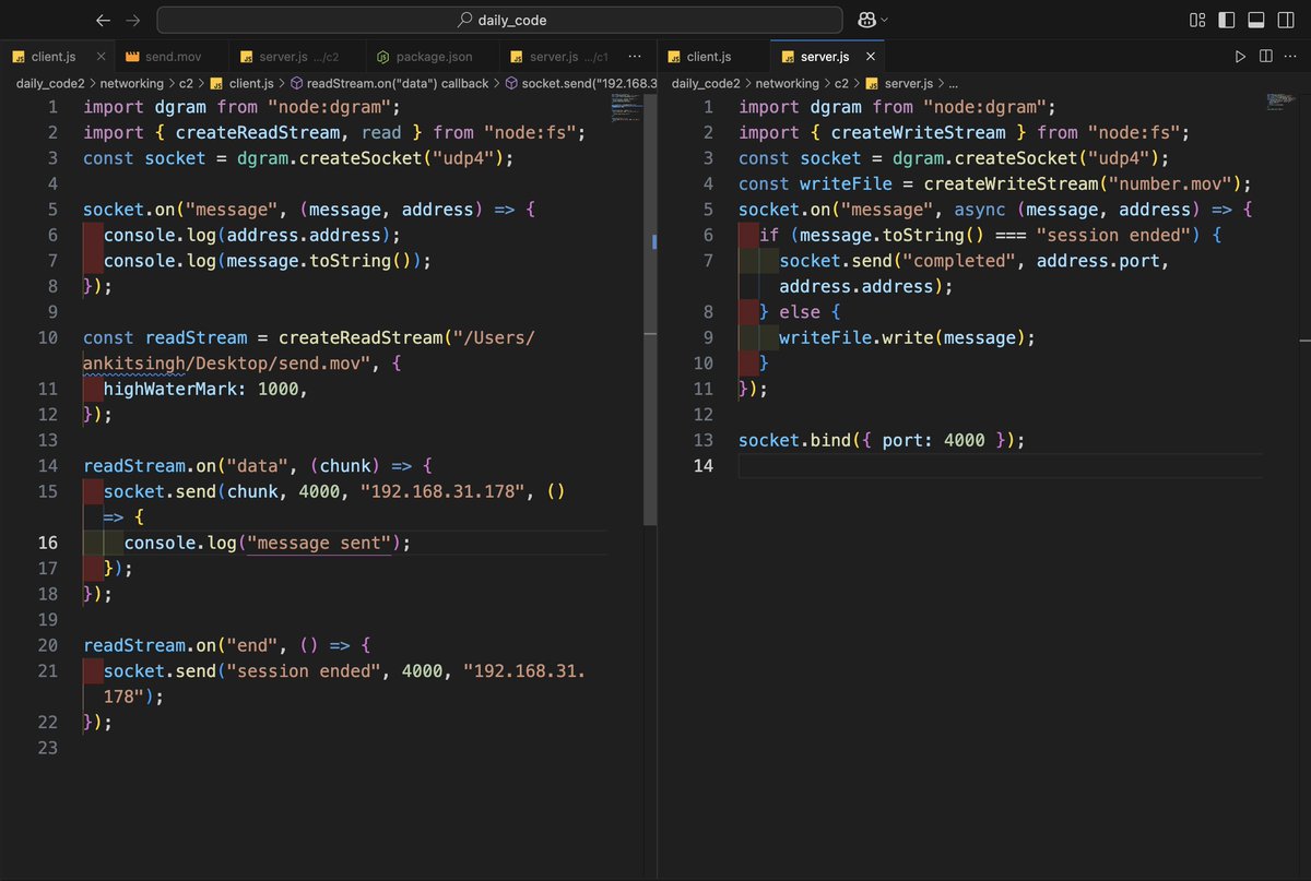 _ankitstwt's tweet photo. Spent some time exploring networking in Node.js today.

One thing I found interesting is how much networking capability Node provides out of the box. For UDP communication, Node uses the dgram module, which makes it very easy to create both clients and servers. https://t.co/md5MElVoDc