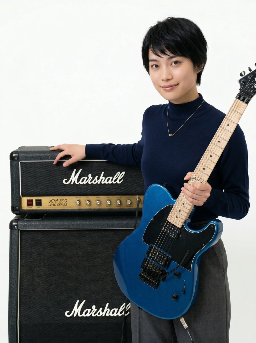 ossannkun's tweet photo. 楽器の日に参戦します！
さよりさんのギターはテレキャスターシェイブのJacksonオーダーのSAYORIモデル。
若いのにLAメタルが好きなのでアンプはMarshall JCM800！

#加太さより #楽器の日 #JacksonGuitar #AIです #フィクションです https://t.co/N9kgr7Z2Nc