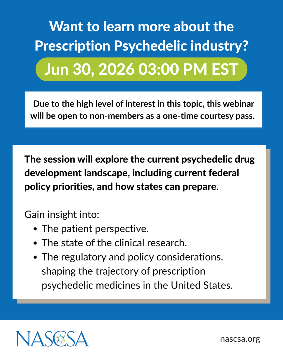 NASCSA's tweet photo. With the President’s recent executive order accelerating federal action on psychedelics, states are facing a rapidly shifting landscape.

Due to the high level of interest in this topic, this webinar will be open to non‑members as a one‑time courtesy pass! https://t.co/CrK3J4ylT3 https://t.co/lB91o54osM