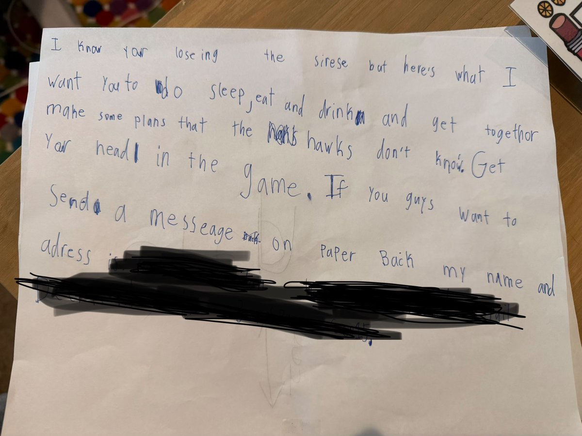 BGSheridan's tweet photo. My 7 year old nephew wrote Jalen Brunson this letter after the game 3 loss to the Hawks. Can’t be sure the postman got the job done, but @nyknicks haven’t lost since… https://t.co/hBb4lwnBQ8