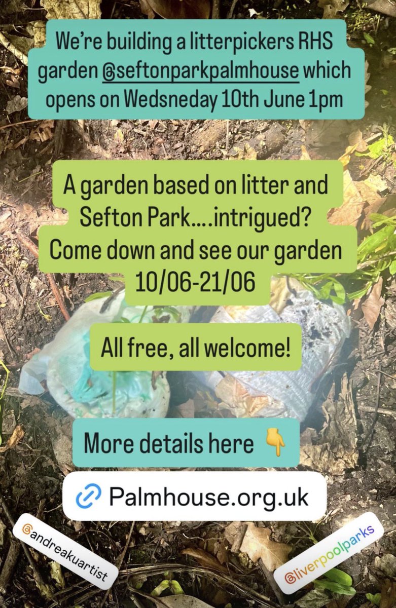 ILoveSeftonPark's tweet photo. Come &amp; see our RHS litterpic-nic garden next week!

@The_Palmhouse open day
Wednesday 10/06 1pm

A garden we have built based on picnics, litter and Sefton Park. 

Where utopia meets dystopia in Sefton Park 🤍🖤💚 https://t.co/nUdjj34CPh