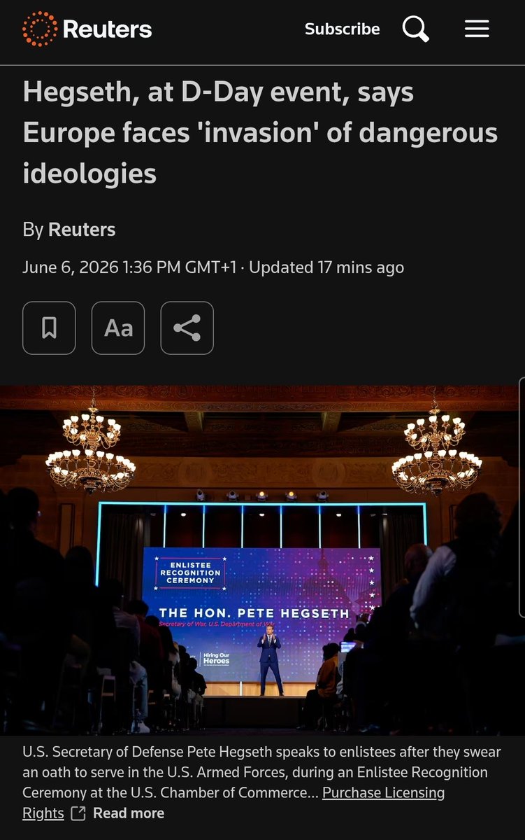 nickreeves9876's tweet photo. Hegseth, at D-Day event, says Europe faces an 'invasion' of dangerous ideologies.

Yes, we face a dangerous ideology, the same one our soldiers fought on D-Day; the fascist ideology of lies, hate, rabid nationalism authoritarianism, and military aggression. It is the ideology of Putin, Trump, Vance, Thiel, Musk, and the UK's greasy fascist tool, Nigel Farage.

Unlike the USA, we in Europe saw first hand what fascism does when it seizes absolute power. Never again! Fascism is the enemy of all that is good and true. It will always reemerge as a cheap, vicious fake solution to complex problems, and it must be fought everywhere it raises its filthy head. Fascists are not participants in democracy. They are its enemies who will abuse and exploit its freedoms in order to destroy it. And in power they will wreak havoc and destruction, because they have no answers to society's problems. All they have are hate, lies and aggression.
https://t.co/9CwCsGYLMb