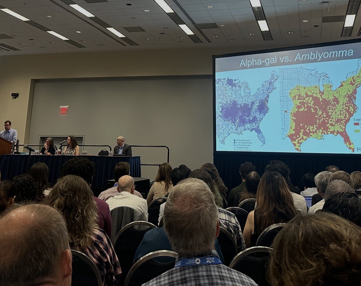 DrNeilStone's tweet photo. Hearing about Alpha Gal syndrome in the US at the @ASMicrobiology Microbe meeting in DC
Not an infection really but tick borne and can lead to meat allergy - yes it's weird
But it's increasing https://t.co/jIe1A9UqUc