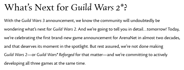 TheHuntersGame's tweet photo. أكد استوديو ArenaNet أن تطوير Guild Wars 2 و Guild Wars Reforged لن يتوقف بعد صدور 3، سيتم تطوير الألعاب الثلاثة بنفس الوقت.

اليوم سينشر فيديو خاص بهذا الأمر وسيتحدث رئيس الاستوديو ومخرج Guild Wars 2 ومخرج Guild Wars Reforged عن مستقبل الاستوديو والألعاب. https://t.co/y3yuhj24eF