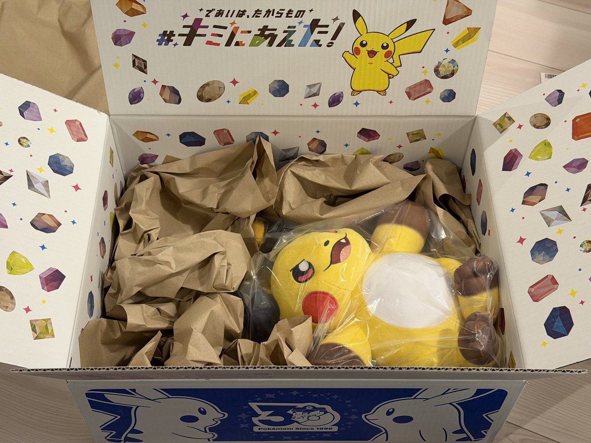 Nokia_448's tweet photo. ポケセンオンラインの30thキャンペーンも兼ねて、メガライチュウXのぬいぐるみをお迎えしました😄

気になる箱の30周年ステッカーは…
パルキアでした！✨
#キミにあえた! https://t.co/iz7062upkf