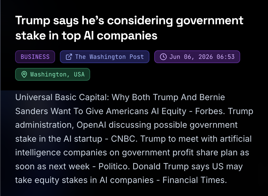 superworldapp's tweet photo. The US government wants a piece of the AI boom — literally.
In a story breaking on SuperWorld News, the Trump administration is weighing direct government equity stakes in top AI companies, including reported talks with OpenAI. What started as a fringe idea now spans the political spectrum:
→ The administration is discussing a possible government stake in OpenAI directly
→ Officials are floating a "profit share" plan, with meetings with AI companies expected within the week
→ The concept of giving Americans AI equity — "Universal Basic Capital" — has backers from Trump to Bernie Sanders
The core issue: as AI becomes the most valuable engine in the economy, who owns the upside? Proponents see public equity stakes as a way to share AI's windfall with citizens. Critics warn that a government on the cap table could distort competition, pick winners, and entangle national policy with corporate balance sheets.
This is exactly the kind of story SuperWorld News was built for — surfacing the most consequential developments across business, technology, science, and more, right on an interactive global map. And with game theory built in, users don't just read the news — they predict what happens next.
What do you think — should Americans get equity in the AI companies shaping their future, or does government ownership cross a line?
Explore the full story: https://t.co/2ff5XrTOx3
#SuperWorldNews #AI #OpenAI #Trump #AIEquity #UniversalBasicCapital #TechPolicy #GameTheory #TechNews