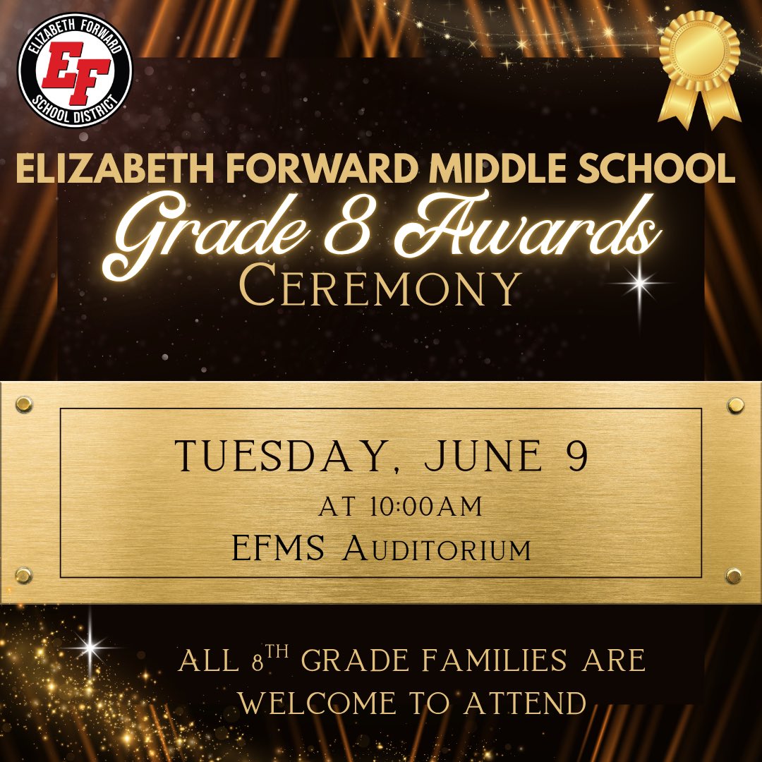 CareerCuriousTM's tweet photo. Mon. 6/8, ALL Grade 8 iPads will be collected in Homeroom.
Tues., 6/9, is the Grade 8 Awards Ceremony at 10am in the EFMS Auditorium. ALL Families are more than welcome to attend. After the Awards Ceremony, we will have an 8th Grade Picnic sponsored by our PTO for ALL 8th Grade Students.