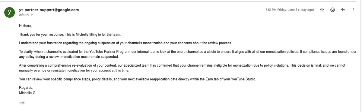 KittyCa71408767's tweet photo. 311 days of demonetization. 51 days since my appeal.

After weeks of waiting, I finally received a response from @TeamYouTube (Michelle G.), only to be met with another automated, copy-paste template. Zero specific evidence. Zero specific policies named. Just a cold "this decision is final.

Look at their reply in image_f40ffa.png. They claim a "comprehensive re-evaluation" but refuse to provide a single timestamp or explicit violation.

We completely disproved their initial "Inauthentic Content" claim by showing our 100% human-made CGI workflow. Now, they are just hiding behind vague blanket statements to stonewall us. This is moving the goalposts!

Hiding behind vague terminology to destroy a studio of 8 remaining creators and push a family with a newborn to the brink of homelessness is not justice—it's systemic cruelty.

A "final decision" without transparency is unacceptable. I demand a real human review with specific, clear answers! @TeamYouTube 

#YouTubeSupport #SaveTeddyChase #HelpCreators