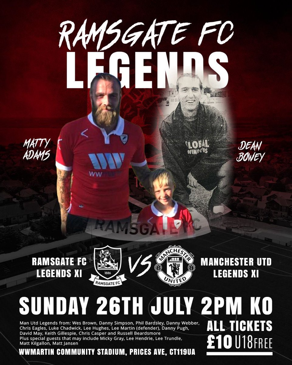 RamsgateFC's tweet photo. 🔴⚪ RAMSGATE FC LEGENDS XI ANNOUNCEMENT ⚪🔴

Next up are a couple of forwards who, despite playing in different eras, would surely have made a formidable strike partnership.

We're delighted to announce that @deanbowey and Matty Adams will both be representing the Ramsgate FC Legends against Manchester United Legends on Sunday 26th July.

Both players thrilled Southwood supporters with their goals, commitment and memorable performances, becoming fan favourites during their time at the club.

It's exciting to think what they might have achieved playing alongside each other in their prime, and supporters will now get the chance to see them in the same Ramsgate side.

🎟️ Tickets available here:
https://t.co/OkxPXk1tWA

🔴⚪ Once a Ram, Always a Ram ⚪🔴