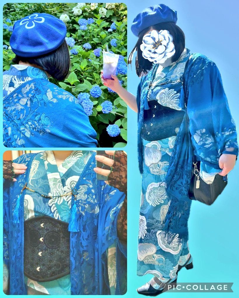Aoi_8121's tweet photo. あやめと紫陽花とグルメを楽しみに
県内日帰り旅行してきました✌

ベレー帽：@otohato_adumaya
二部式浴衣：@Wamonoya_Kaya
コルセット：@abilletage
羽織紐：@HandmadeUnknown
靴下：@BleuBleuet_inc https://t.co/x3mnIjxATU
