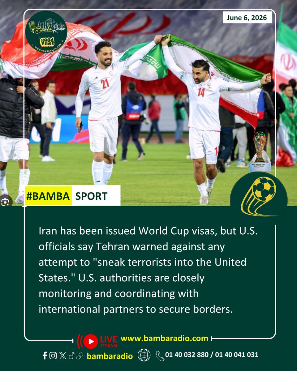 BambaRadio's tweet photo. World Cup Visas for Iran, but U.S. on high alert over terror warning.
#BambaRadio #BambaSport #DigitalTechSavvy #BambaSwap 

Tune in: https://t.co/Mw2w8VVCs5
WhatsApp: 0140 041 031 / 0140 032 880
Kenya’s No. 1 Online Digital Tech-Savvy Radio Station. https://t.co/7VkckiMdGC
