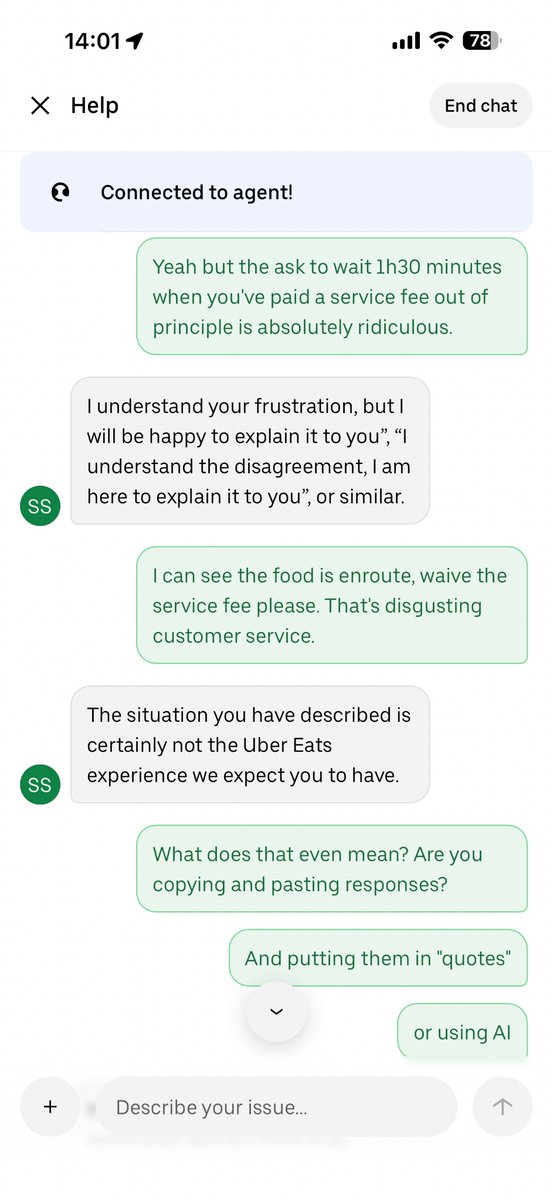 txznim's tweet photo. @ubereats_uk Your customer support team are terrible. I asked to formally raise a complaint against Shruti  Shinde for her lack of professional conduct (she was copying and pasting responses without reading what I had said) and for a reference number and they ended chat 3x. https://t.co/ceBbjibl4F