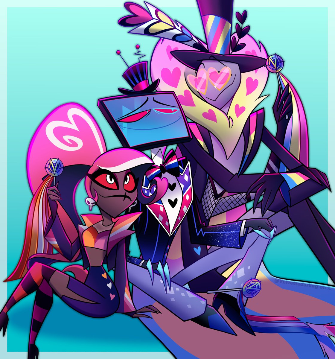 Velvettedarling's tweet photo. They sedated my man for the family photo😩 

#HazbinHotel #HazbinHotelVees #Vox #Velvette #Valentino https://t.co/Z2QEmOgTN3