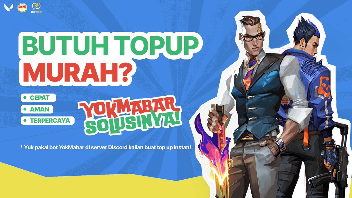 base_valorant's tweet photo. 🎮  ／ Kabar baik untuk user Discord karena YokMabar telah hadir menjadi tempat top-up yang bisa diinvite ke server! Kamu bisa top-up game Valorant, MLBB, PUBGM, dan game lain dengan harga miring! ★ { Pst ; selain murah, top-up disini pasti aman &amp; cepat! Yuk topup di YokMabar! } https://t.co/fRuBGyi46W