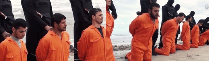 TheJadeWarwick's tweet photo. When people call me Islamophobic, I show them this: 

Quran 47:4
“Therefore, when ye meet the Unbelievers (in fight), smite at their necks; At length, when ye have thoroughly subdued them.”

2015, ISIS released a video called “A Message Signed with Blood to the Nation of the Cross.”

The kidnapped migrant workers were dressed in orange jumpsuits, forced to kneel on the beach.
ISIS gave them a chance to convert to Islam. They refused.
Masked ISIS fighters beheaded them all at once.