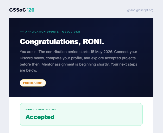 ronisarkar_exe's tweet photo. From code to community π
Proud to be selected as a Project Admin in the GirlScript Summer Program this summer.
Excited to contribute to open source and work with amazing developers
#GirlScriptSummerOfCode #GSSoC #OpenSource #GitHub #SoftwareDevelopment #TechCommunity #Women https://t.co/P1Ftedu8IC