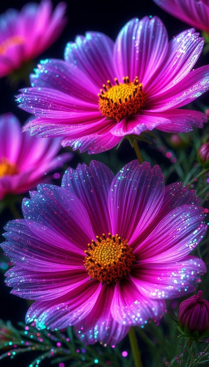 pkjhgldsa37475's tweet photo. These two mauve-pink cosmos flowers are as dazzling as a dream, their petals bathed in crystalline starlight, as if they had blossomed straight from a fairy tale. So elegant and enchanting, they take one’s breath away! May love fill the world! Dear friends, I wish you all a wonderful weekend!