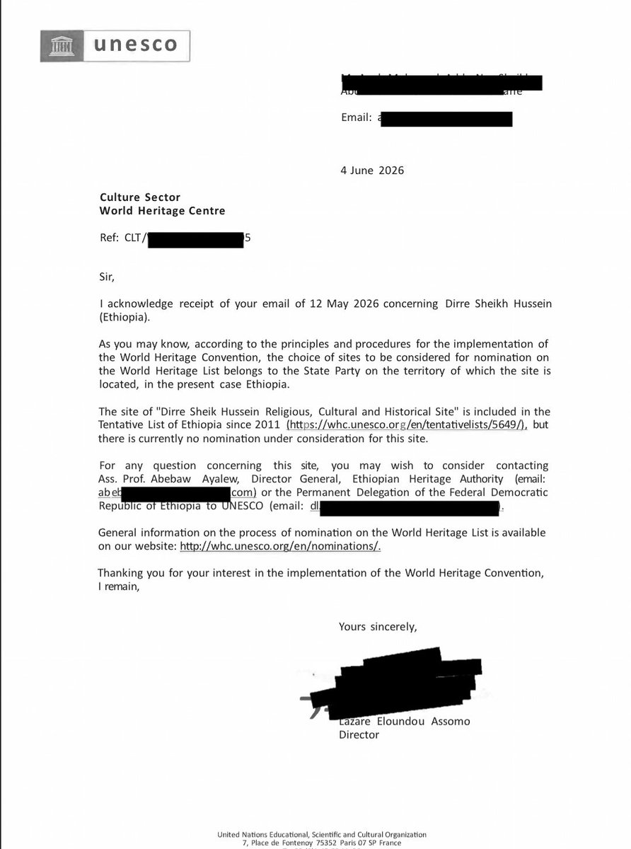 Officialbarsame's tweet photo. We just received a response from UNESCO.
They acknowledged our objection concerning Dirre Sheikh Hussein — a site named after a Somali scholar, on Somali ancestral land, nominated by Ethiopia without a single mention of Somali identity. https://t.co/jECmW9rgsb
