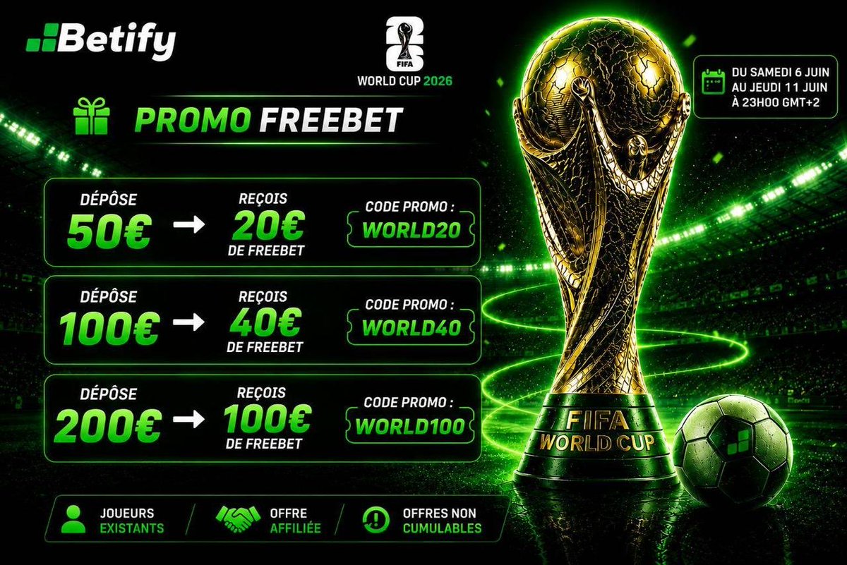NEXENPRONOS's tweet photo. 🏆🌎 PROMO FREEBETS - CDM 2026 

🟢 Joueurs déjà inscrits : 

💰 Dépôt de 50€ → 20€ en FreeBets
Code promo : WORLD20

💰 Dépôt de 100€ → 40€ en FreeBets
Code promo : WORLD40

💰 Dépôt de 200€ → 100€ en FreeBets
Code promo : WORLD100

Lien : https://t.co/n0yfks0lVI

 Régalez vous la team ! 🥷🏿