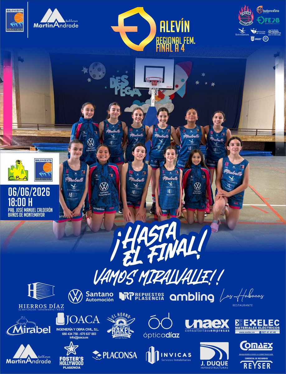 CPMiralvalle's tweet photo. 𝐅𝐈𝐍𝐀𝐋 𝐅𝐎𝐔𝐑 𝐌𝐈𝐍𝐈

¡Nuestro alevín regional Talleres Martín Andrade disputará este fin de semana la final four en Baños de Montemayor! 💪🏼

Empezamos esta misma tarde a las 18:00. Nuestro horario de mañana dependerá del resultado de hoy.

¡VAMOS!💙🚀

#pasiónMiralvalle https://t.co/ZjKZiitUZN