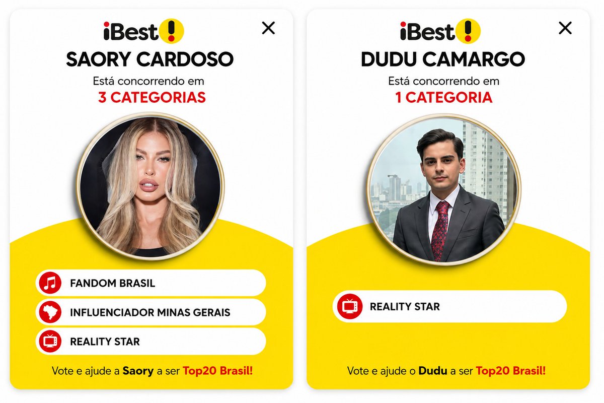 Ailtondireita's tweet photo. 🚨LEMBRETE DE VOTO🚨

DUDU CAMARGO E SAORY CARDOSO ESTÃO CONCORRENDO AO PRÊMIO IBEST

DUDU CAMARGO
REALITY STAR:https://t.co/mloX5YVchX

SAORY CARDOSO
REALITY STAR:https://t.co/bFGDCebSv7

INFLUENCIADOR MINAS GERAIS:https://t.co/c3s5yjPdBb

FANDOM BRASIL:https://t.co/B5JhVDT6EK https://t.co/0ZudTyKrCR