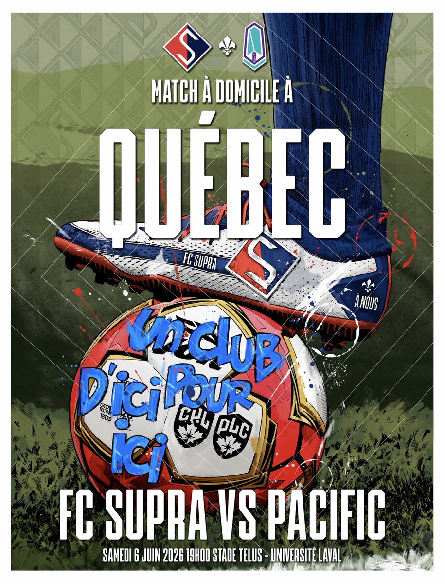 fcsupraquebec's tweet photo. Bonjour Québec! ⚜️ C’est jour de match.

On affronte le Pacific à 19h au Stade TELUS–Université Laval. 🔥

Des billets sont toujours disponibles. Procurez-vous les vôtres maintenant. 🎟️🙌

Affiche réalisée par Artrotondo 🙌

https://t.co/kRfHrTQqDK

#ÀNOUS https://t.co/oQlowjXSXC