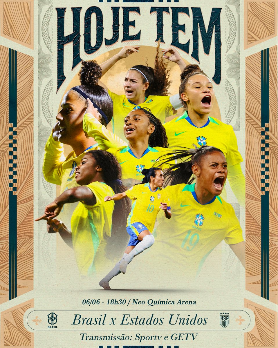 SelecaoFeminina's tweet photo. CHEGOU O DIA! Hoje é dia de Brasil em campo! Dia de #SeleçãoFeminina! 🇧🇷🇧🇷🇧🇷

🆚 Estados Unidos
📅 06/06
⏰ 18h30
📺 Transmissões: sportv e ge tv
🎟️ Ingressos disponíveis no site e app da Bilheteria Digital

Contamos com o seu apoio e sua torcida! 💛 https://t.co/znYJCKFMVp