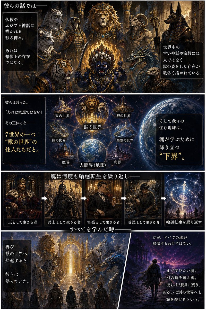 DOOTORmc's tweet photo. 第200章霊域戦線

彼らの話では――

仏教やエジプト神話に描かれる獣の神々。

あれは想像上の存在ではなく、

7世界の一つ、
「獣の世界」の住人たちらしい。

そして我々の住む地球は、

魂が学ぶために降り立つ
“下界”。

輪廻転生を繰り返し、

すべてを学んだ魂は、

再び獣の世界へ帰還すると https://t.co/YUIhpVoi7E