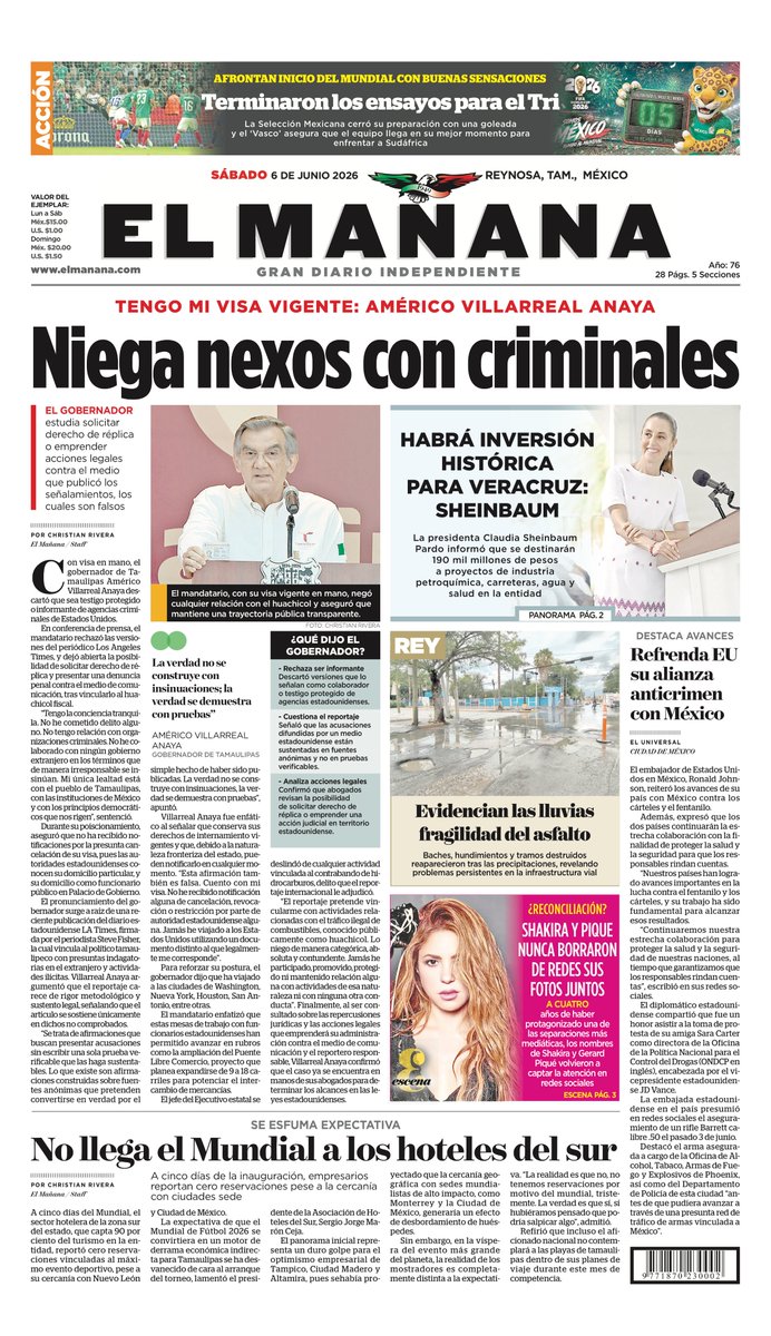 elmananareynosa's tweet photo. ⏰ ¡Buenos días! 🌞
Hoy Sábado 6 de Junio 2026 ésta es la portada de nuestra edición impresa.
🌎 Manténgase al tanto de lo que pasa en la #localidad, la #región y el #mundo 🌎 https://t.co/xCg28hoGEW
